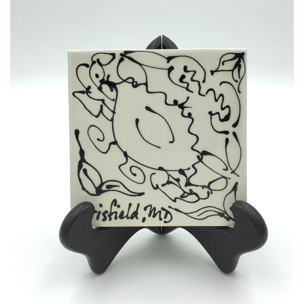 Crisfield MD Art Crab Ceramic Tile Hand Painted Black White Nautical Decor 6x6